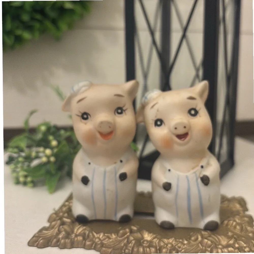 Vintage Anthropomorphic Pig Salt and Pepper Shakers Farmhouse Overalls Set of 2